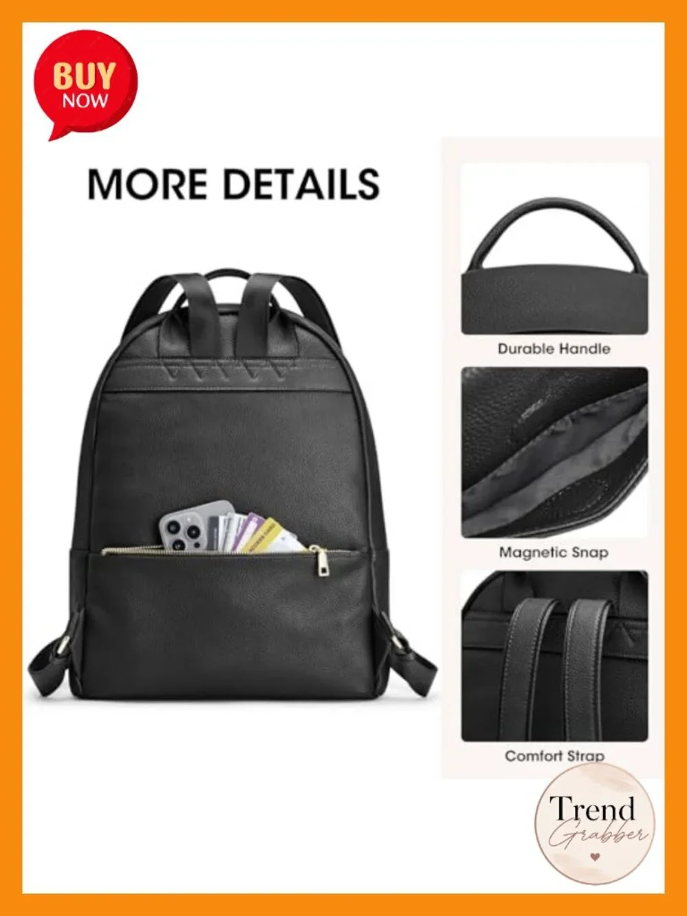 Leather Backpack for Women with Back Zipper Pocket, Laptop Compartment,